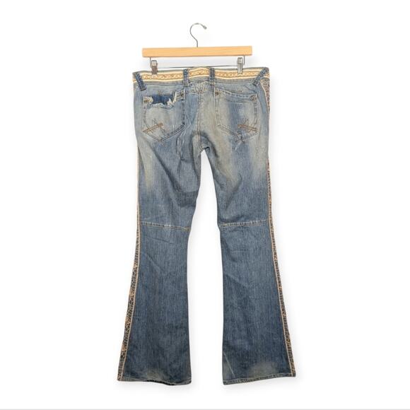 Vintage Allen B. Y2K Patchwork Lace Cream Floral Flare Jeans Size 32 - Picture 2 of 8